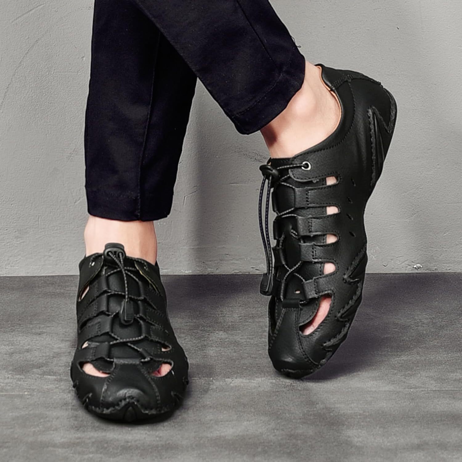  Men's Closed Toe Outdoor Leather Sandals Lightweight Adjustable Trail Hiking Walking Athletic Sandals Summer Casual Beach -tidenox