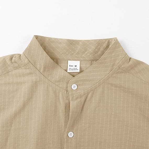 Men's Shirt Linen Shirt Band Collar Shirt Summer Shirt Beach Wear Button Up Shirt Stripe Vacation Holiday Black White Blue Khaki Long Sleeve Band Collar Summer Spring Clothing Apparel