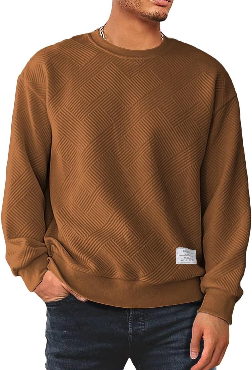 Men's Crewneck Sweatshirts Soild Color Geometric Texture Long Sleeve Casual Pullover Shirt-tidenox