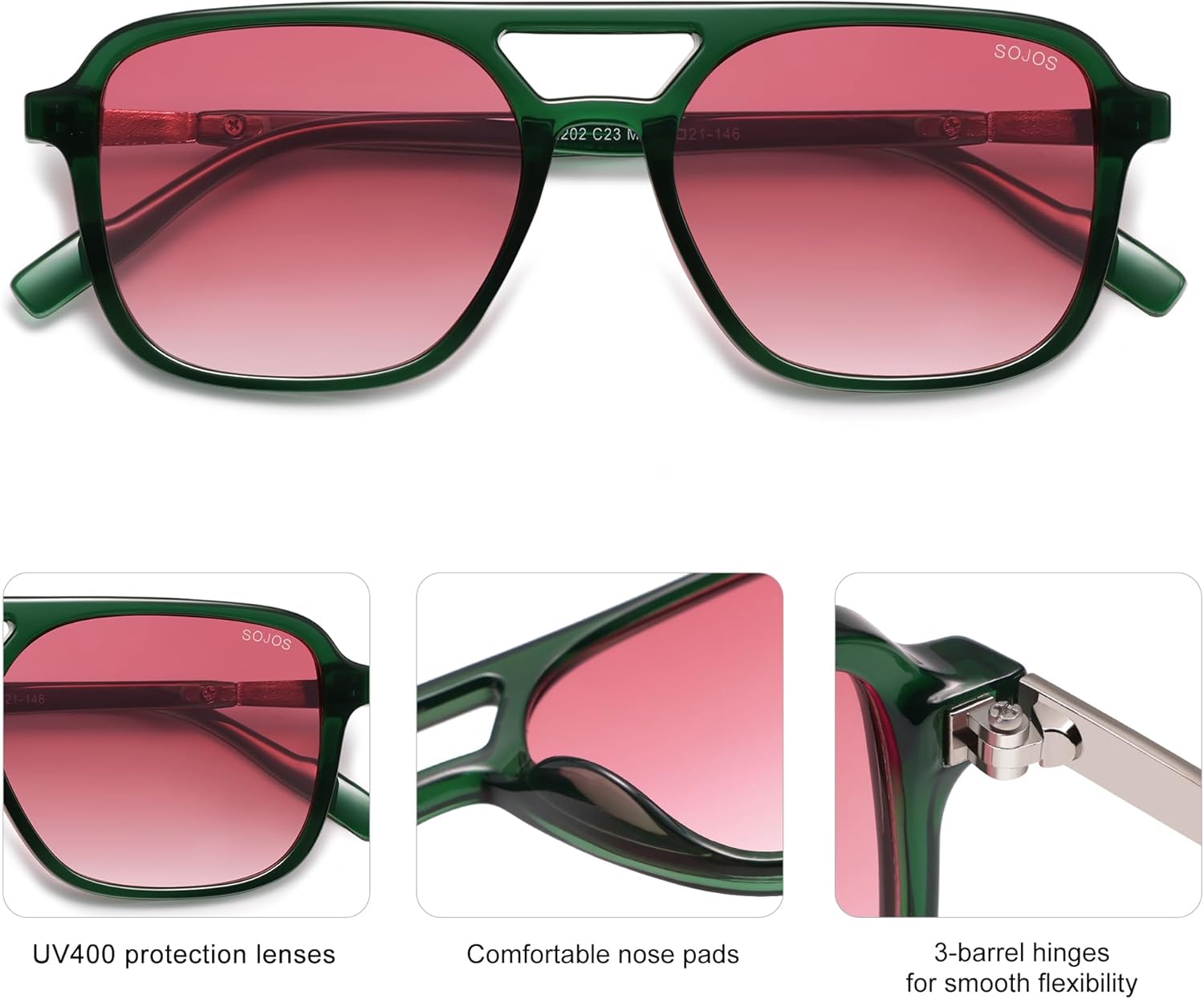 SOJOS Retro Aviator Sunglasses for Women Men,Trendy Rectangle Womens Mens Shades Sun Glasses SJ2202-tidenox