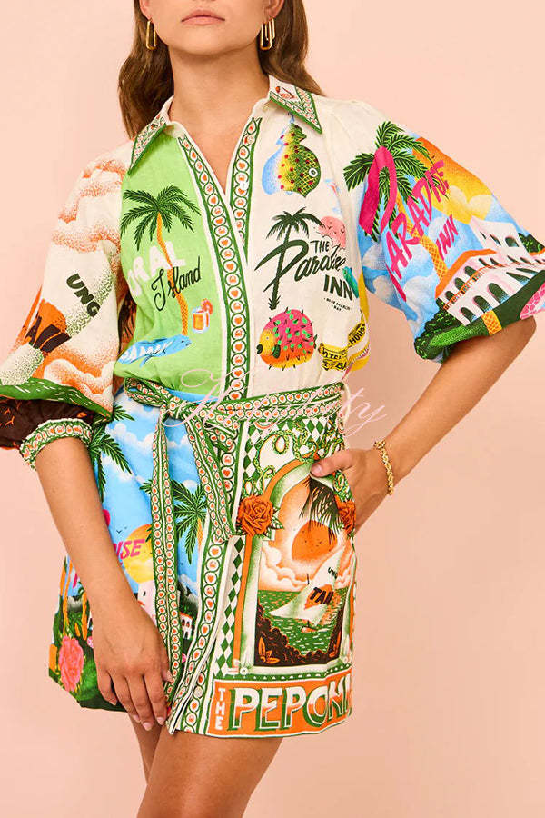 Summer Sophistication Linen Blend Unique Print Belted Pocket Shirt Mini Dress-tidenox