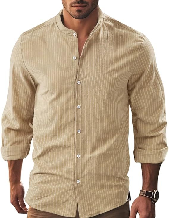 Linen Button Down Shirt Men,Long Sleeve Casual Banded Collar Striped Shirts -tidenox