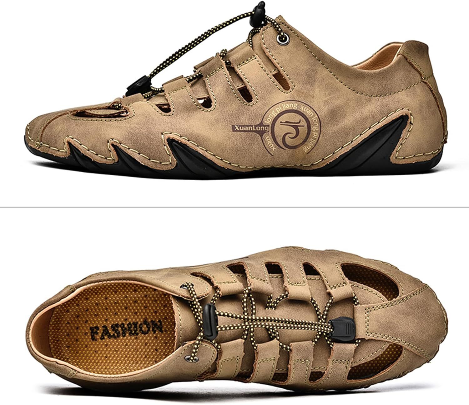  Men's Closed Toe Outdoor Leather Sandals Lightweight Adjustable Trail Hiking Walking Athletic Sandals Summer Casual Beach -tidenox