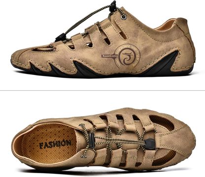  Men's Closed Toe Outdoor Leather Sandals Lightweight Adjustable Trail Hiking Walking Athletic Sandals Summer Casual Beach 