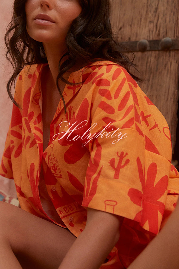 Summer Calls Unique Printed Loose Shirt and Elastic Waist Shorts Set-tidenox