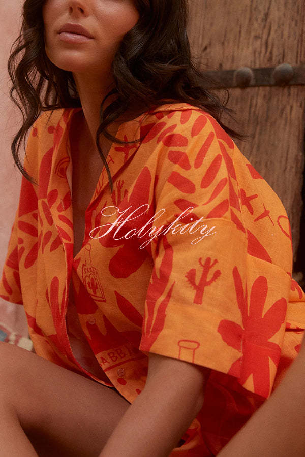 Summer Calls Unique Printed Loose Shirt and Elastic Waist Shorts Set-tidenox