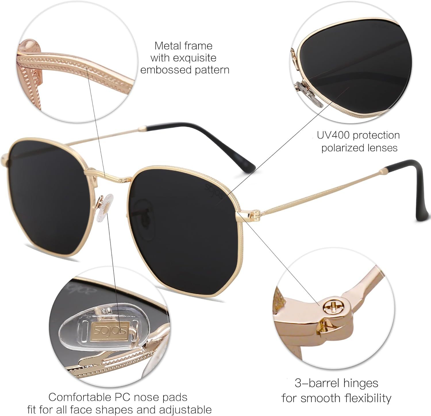 SOJOS Square Polarized Sunglasses for Women Men Small Hexagonal Polygon Shades SJ1072-tidenox