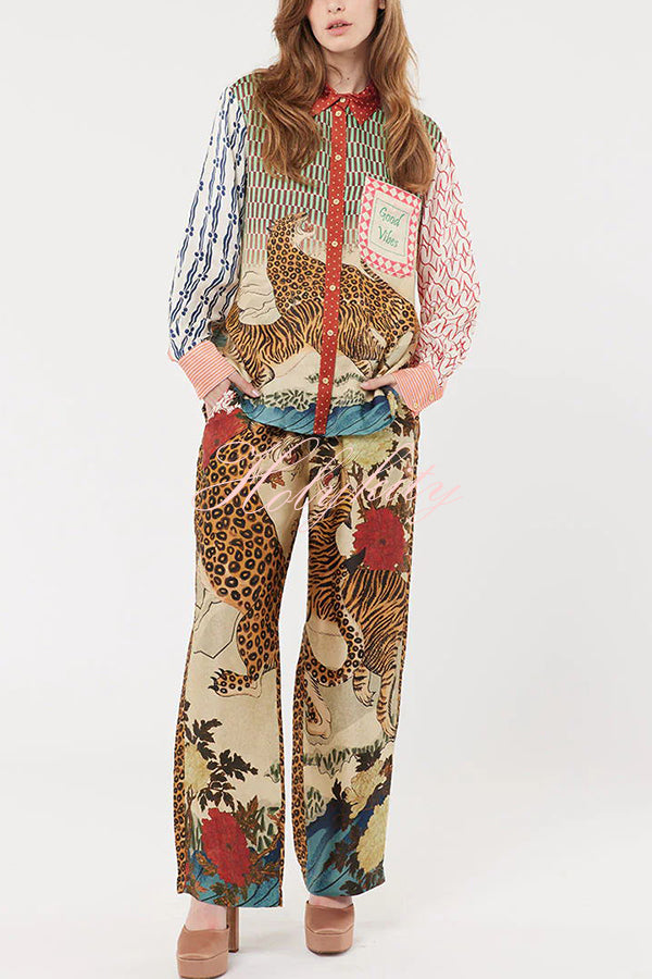 Tropical Jungle Tiger Unique Print Long Sleeve Loose Shirt and Elastic Waist Pants Set-tidenox