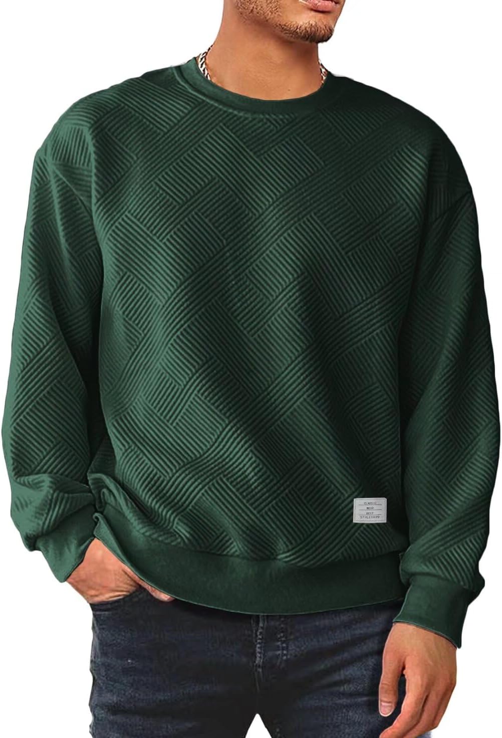 Men's Crewneck Sweatshirts Soild Color Geometric Texture Long Sleeve Casual Pullover Shirt-tidenox