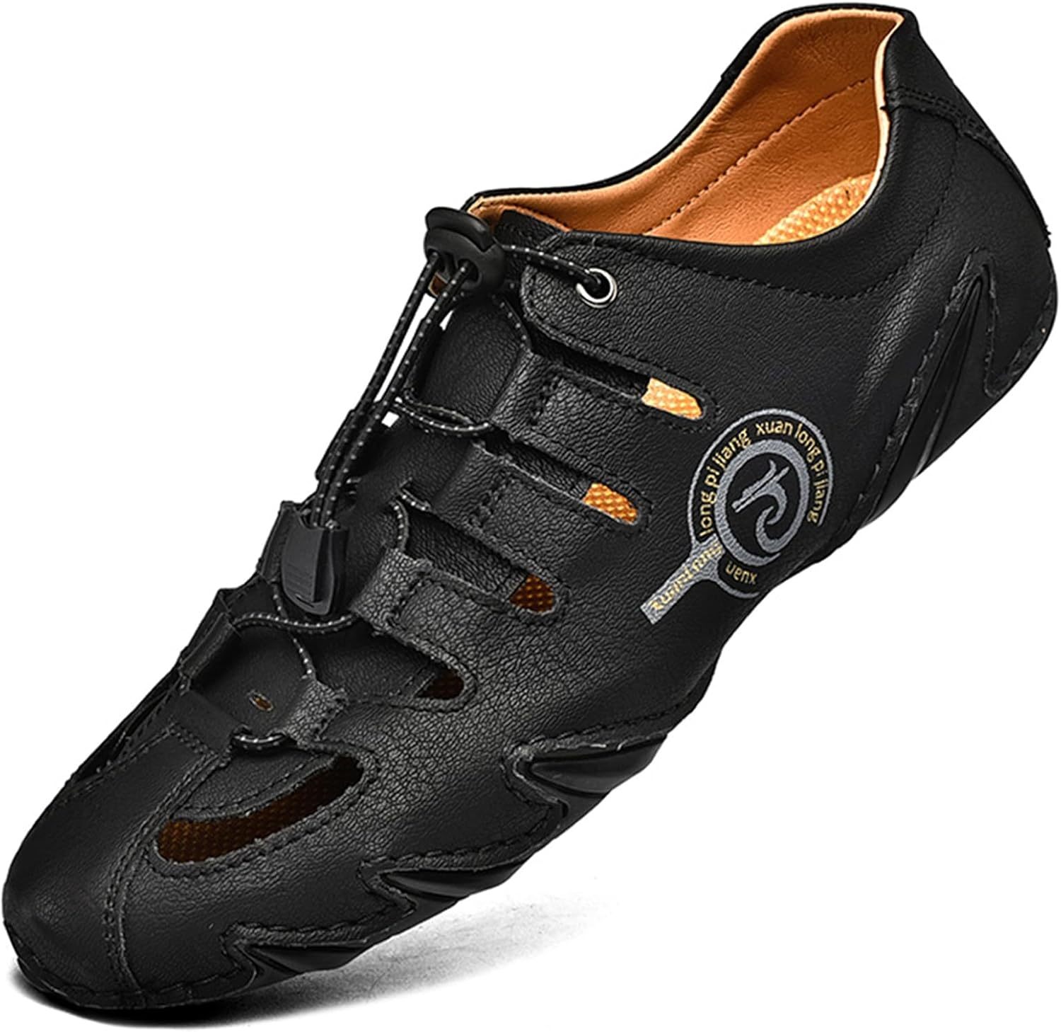  Men's Closed Toe Outdoor Leather Sandals Lightweight Adjustable Trail Hiking Walking Athletic Sandals Summer Casual Beach -tidenox