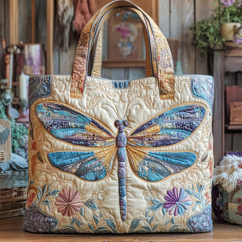 Dragonfly Garden Quilted Tote Bag – Artistic 3D Embroidered Nature Des