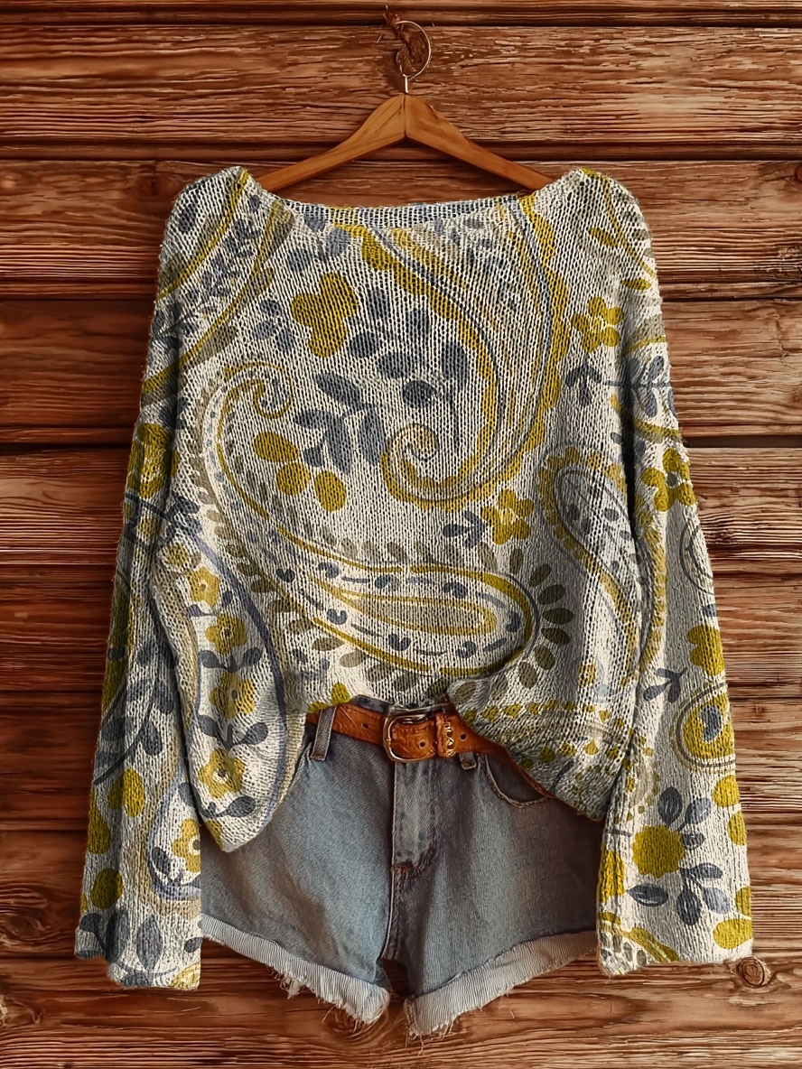 Women's Vintage Ethnic Floral Tattoo Pattern Art Print Casual Pullover Sweater-tidenox