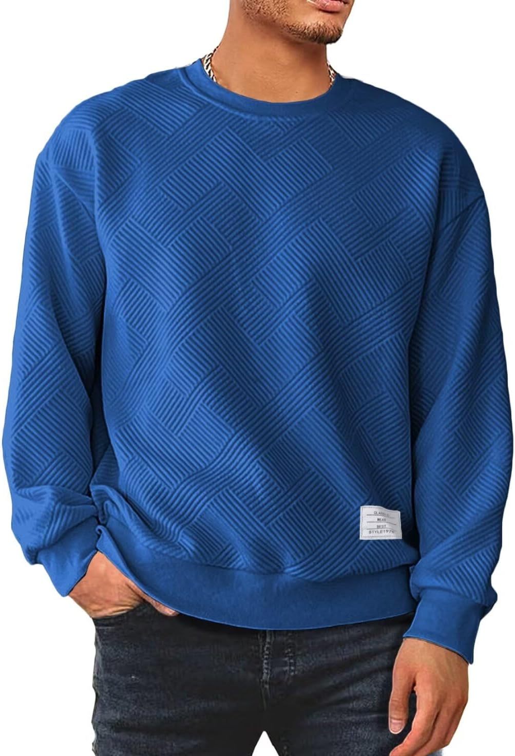 Men's Crewneck Sweatshirts Soild Color Geometric Texture Long Sleeve Casual Pullover Shirt-tidenox