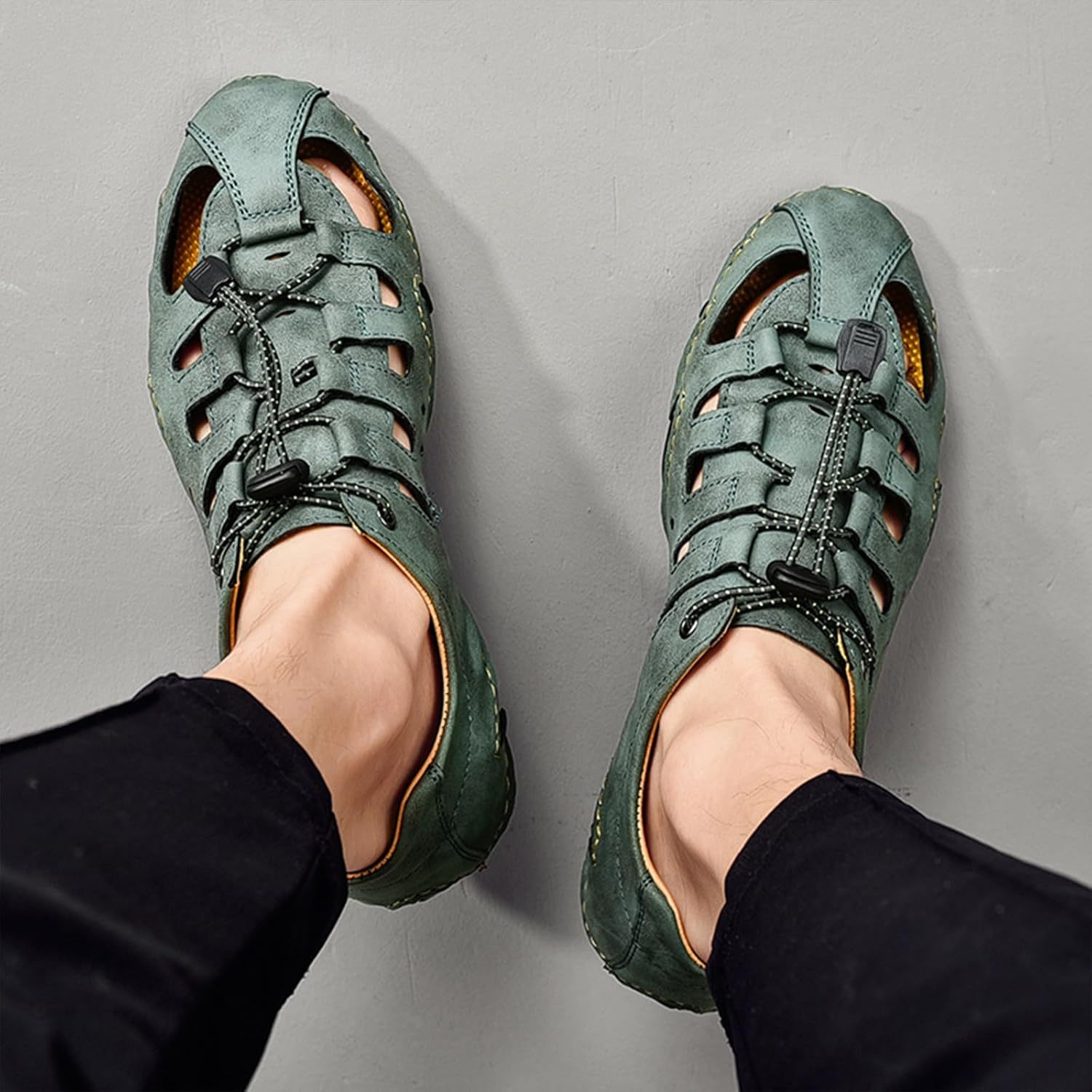  Men's Closed Toe Outdoor Leather Sandals Lightweight Adjustable Trail Hiking Walking Athletic Sandals Summer Casual Beach -tidenox