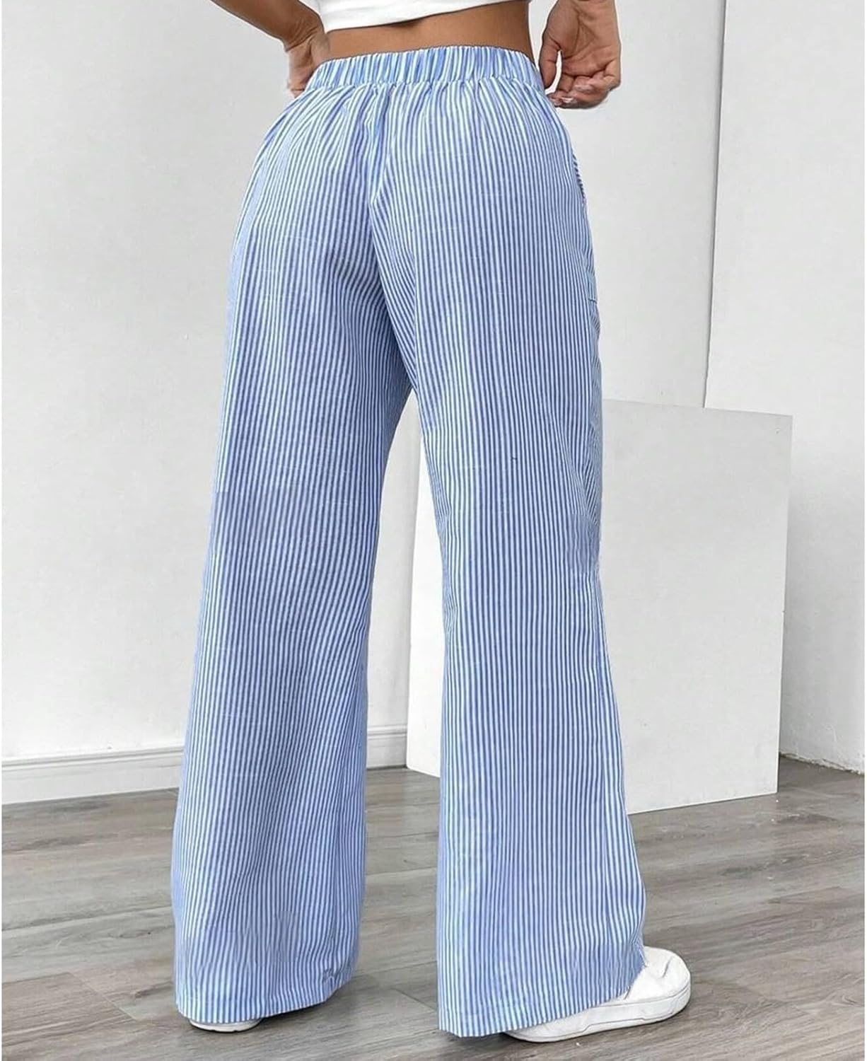 Striped Pants Women Baggy Drawstring Wide Leg Lounge Pants w/Pockets Loose