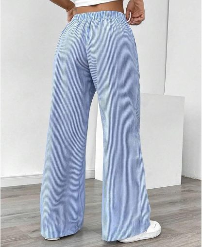 Striped Pants Women Baggy Drawstring Wide Leg Lounge Pants w/Pockets Loose
