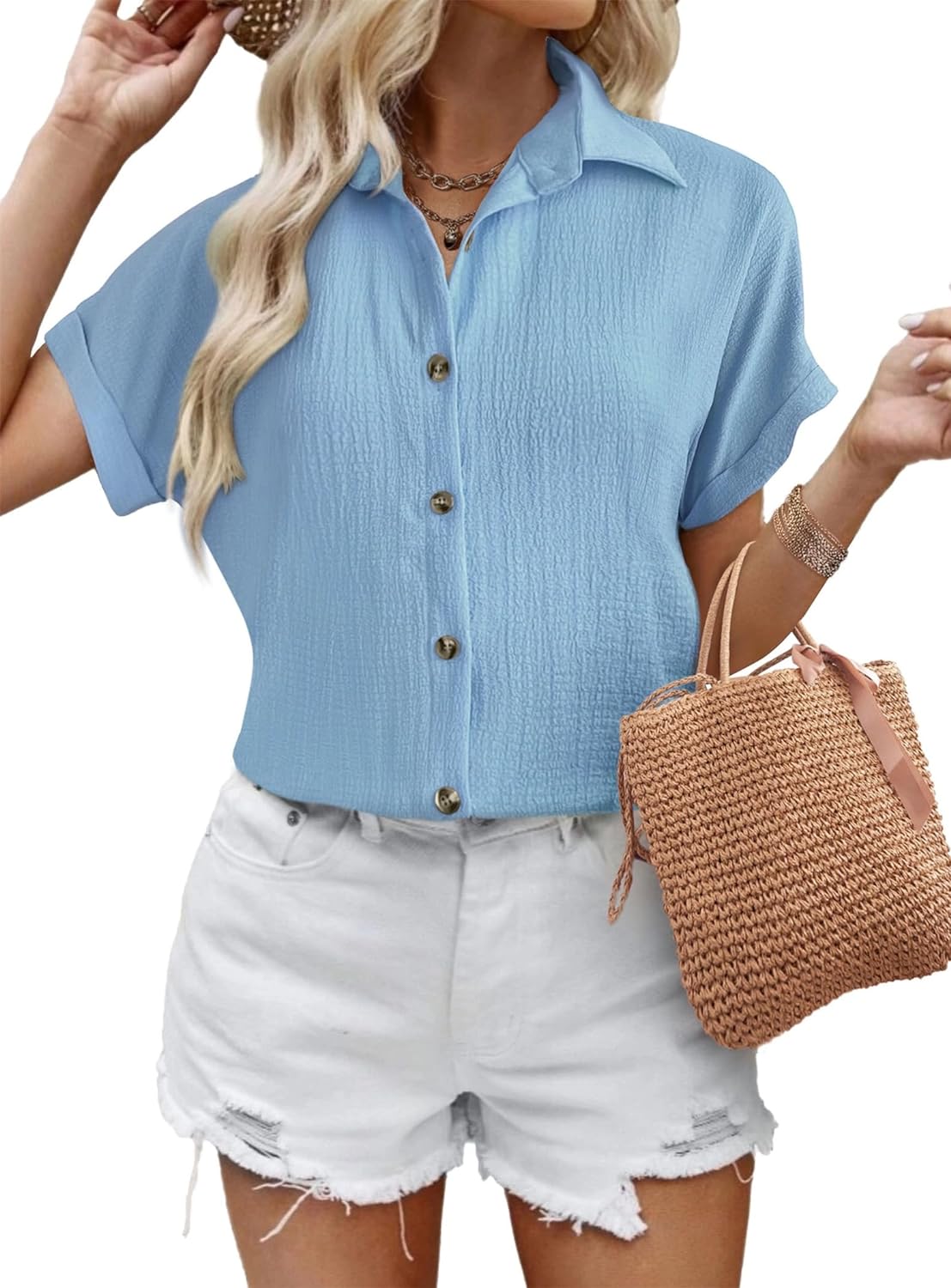 Zeagoo Short Sleeve Casual Roll-Up Cuffed Tops-tidenox