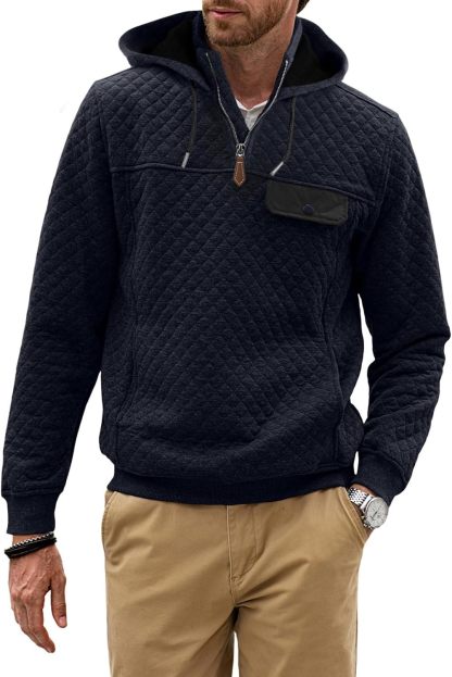 Men's Quilted Hoodies Casual Long Sleeve Quarter-Zip Pullover Sweatshirt with Pockets-tidenox