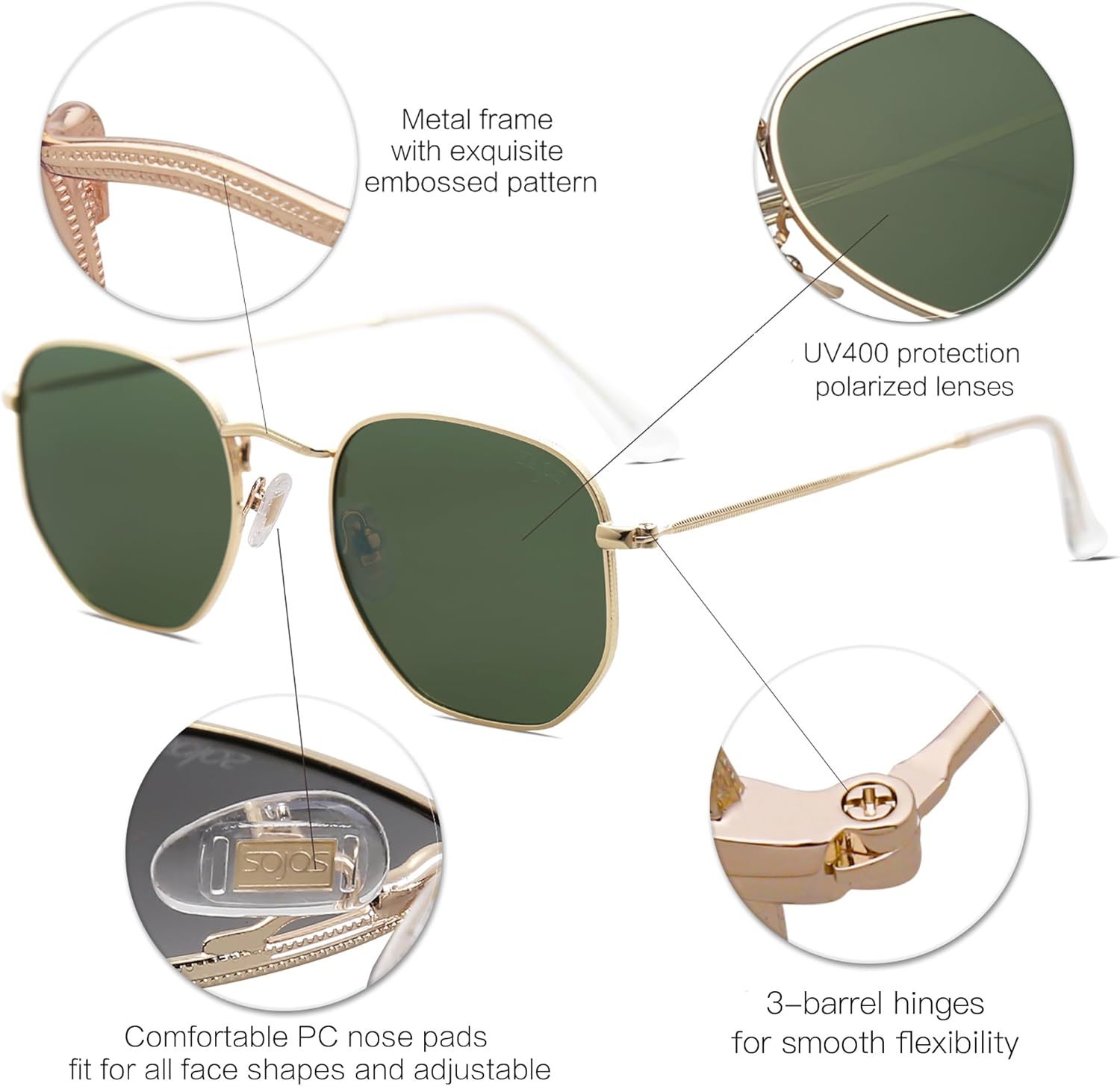 SOJOS Square Polarized Sunglasses for Women Men Small Hexagonal Polygon Shades SJ1072-tidenox