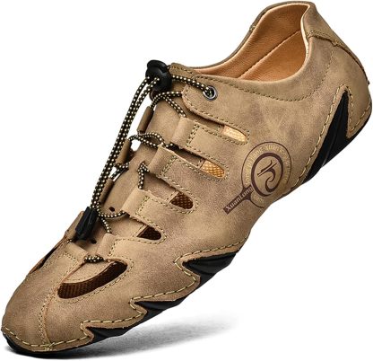  Men's Closed Toe Outdoor Leather Sandals Lightweight Adjustable Trail Hiking Walking Athletic Sandals Summer Casual Beach 