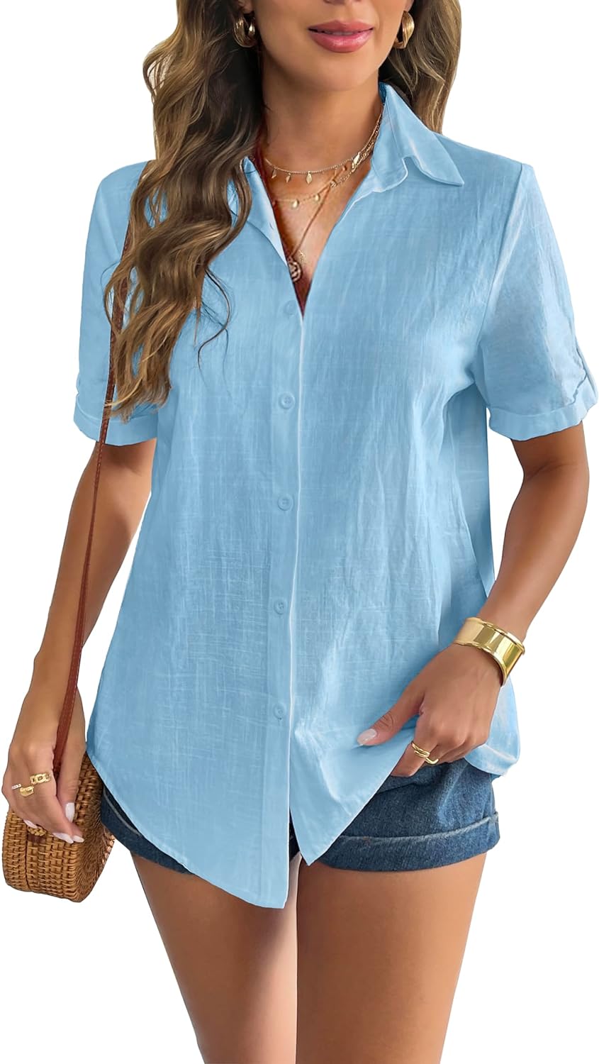 Zeagoo Women Linen Button Down Shirt Rolled Cuffed Short Sleeve Blouse Ladies Summer Casual V Neck Beach Cotton Tops-tidenox
