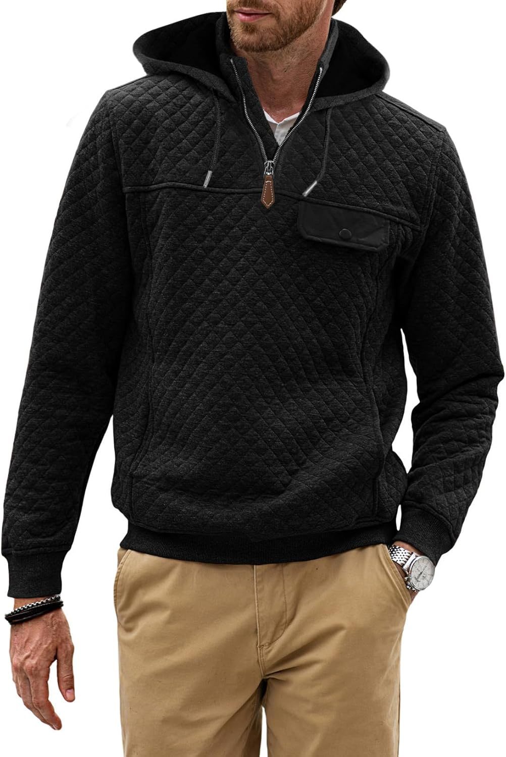 Men's Quilted Hoodies Casual Long Sleeve Quarter-Zip Pullover Sweatshirt with Pockets-tidenox