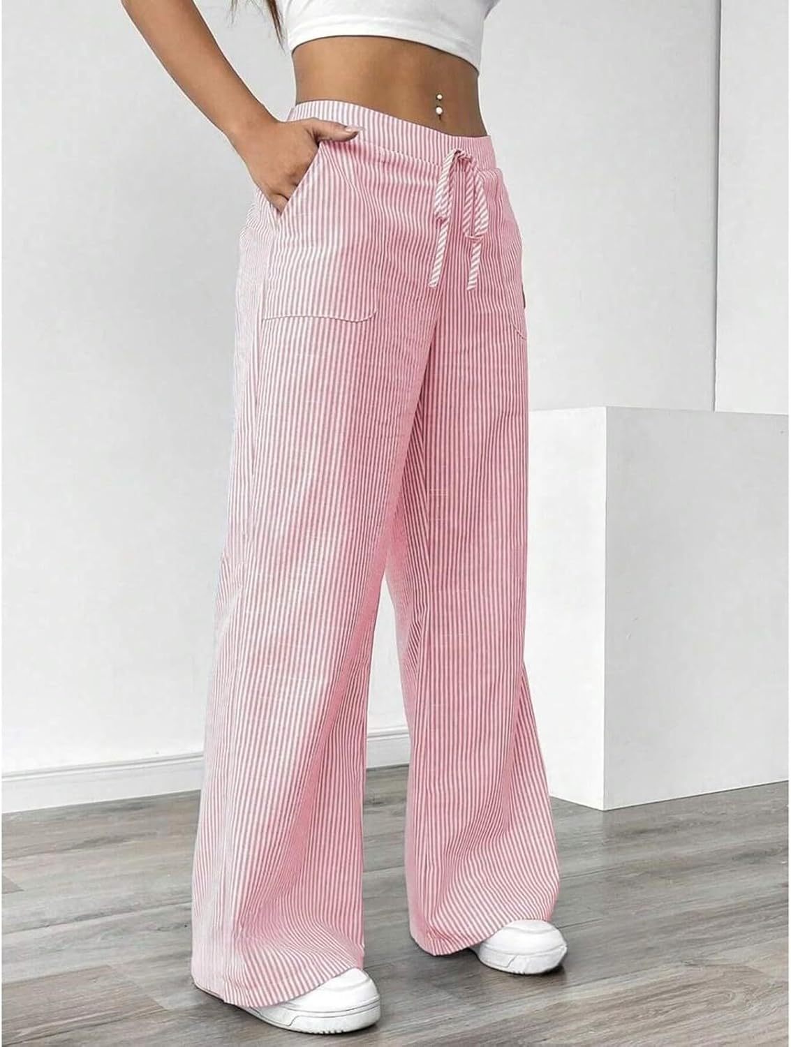 Striped Pants Women Baggy Drawstring Wide Leg Lounge Pants w/Pockets Loose