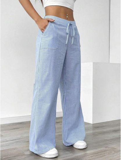 Striped Pants Women Baggy Drawstring Wide Leg Lounge Pants w/Pockets Loose