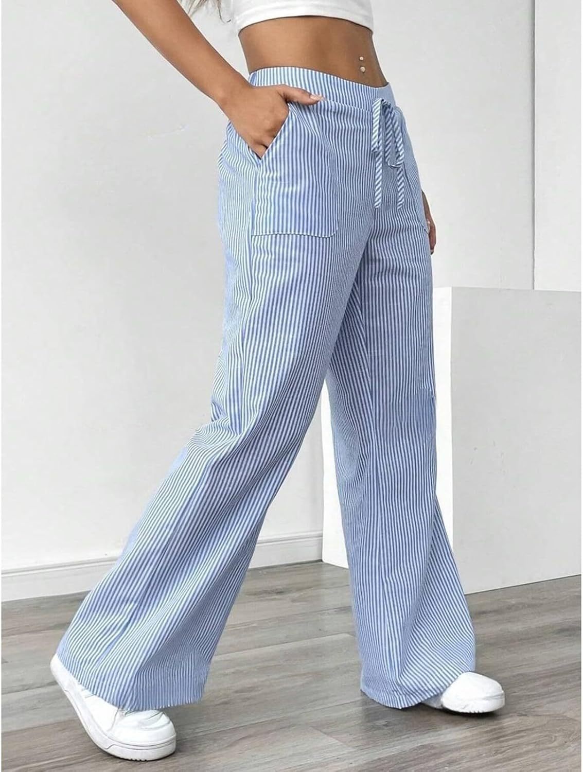Striped Pants Women Baggy Drawstring Wide Leg Lounge Pants w/Pockets Loose