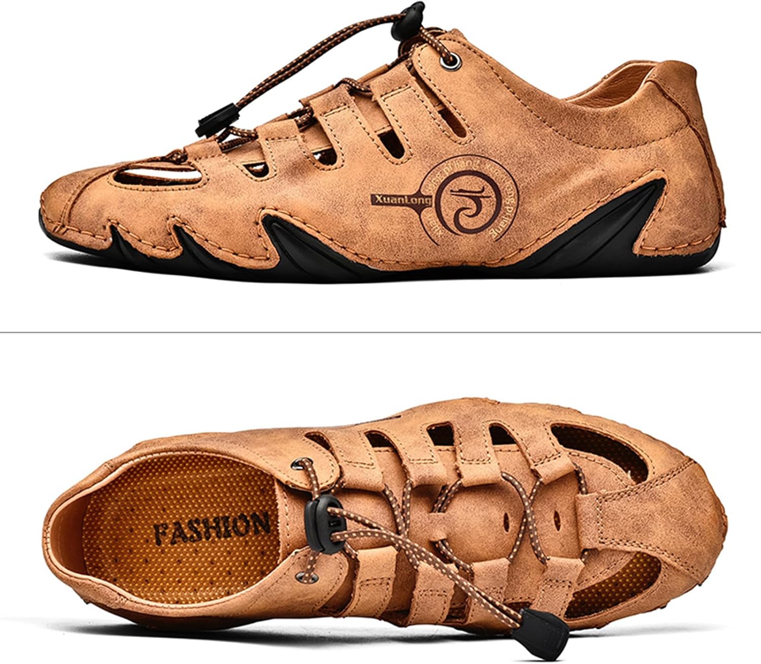  Men's Closed Toe Outdoor Leather Sandals Lightweight Adjustable Trail Hiking Walking Athletic Sandals Summer Casual Beach 