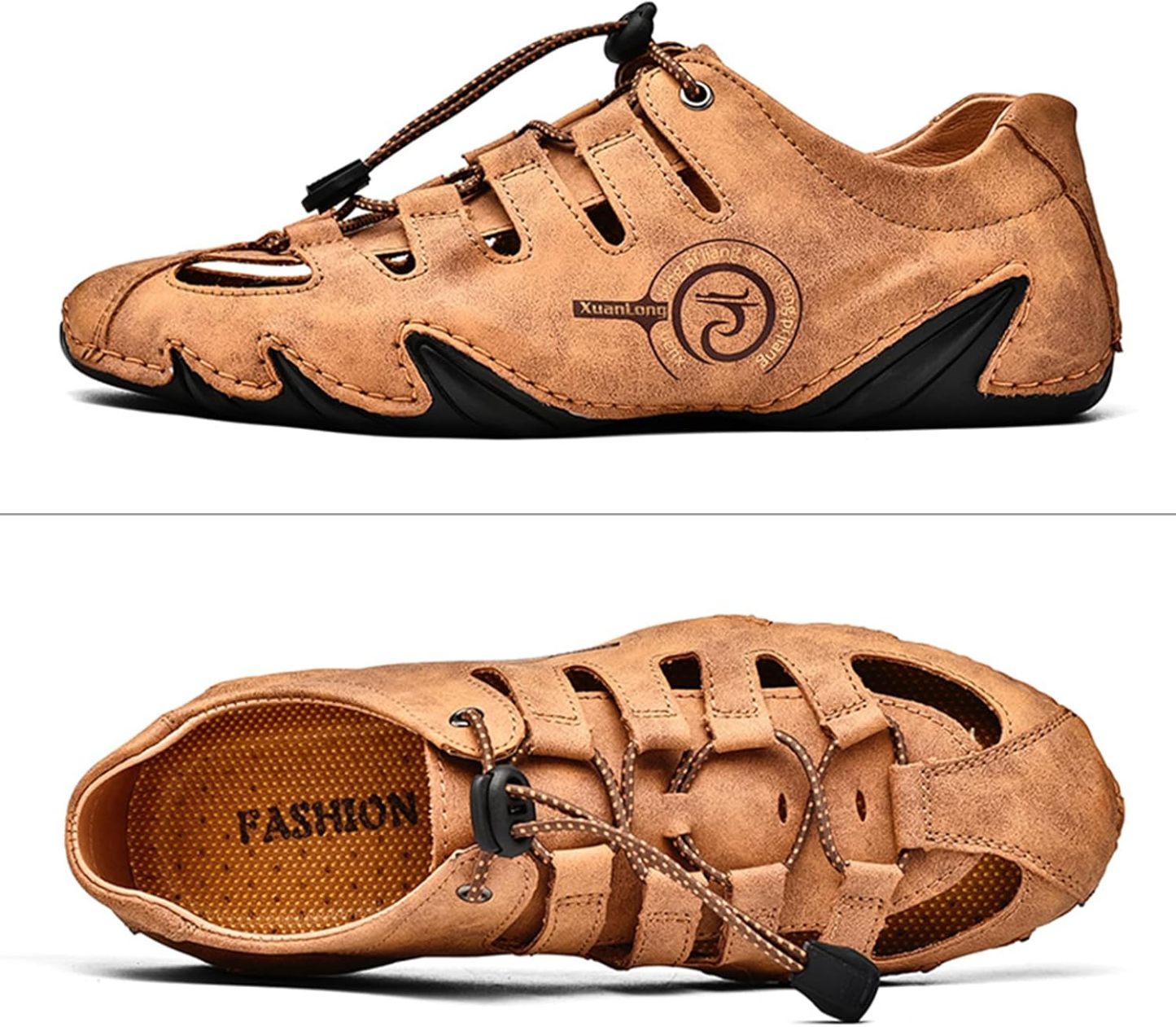  Men's Closed Toe Outdoor Leather Sandals Lightweight Adjustable Trail Hiking Walking Athletic Sandals Summer Casual Beach 