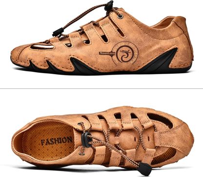  Men's Closed Toe Outdoor Leather Sandals Lightweight Adjustable Trail Hiking Walking Athletic Sandals Summer Casual Beach 