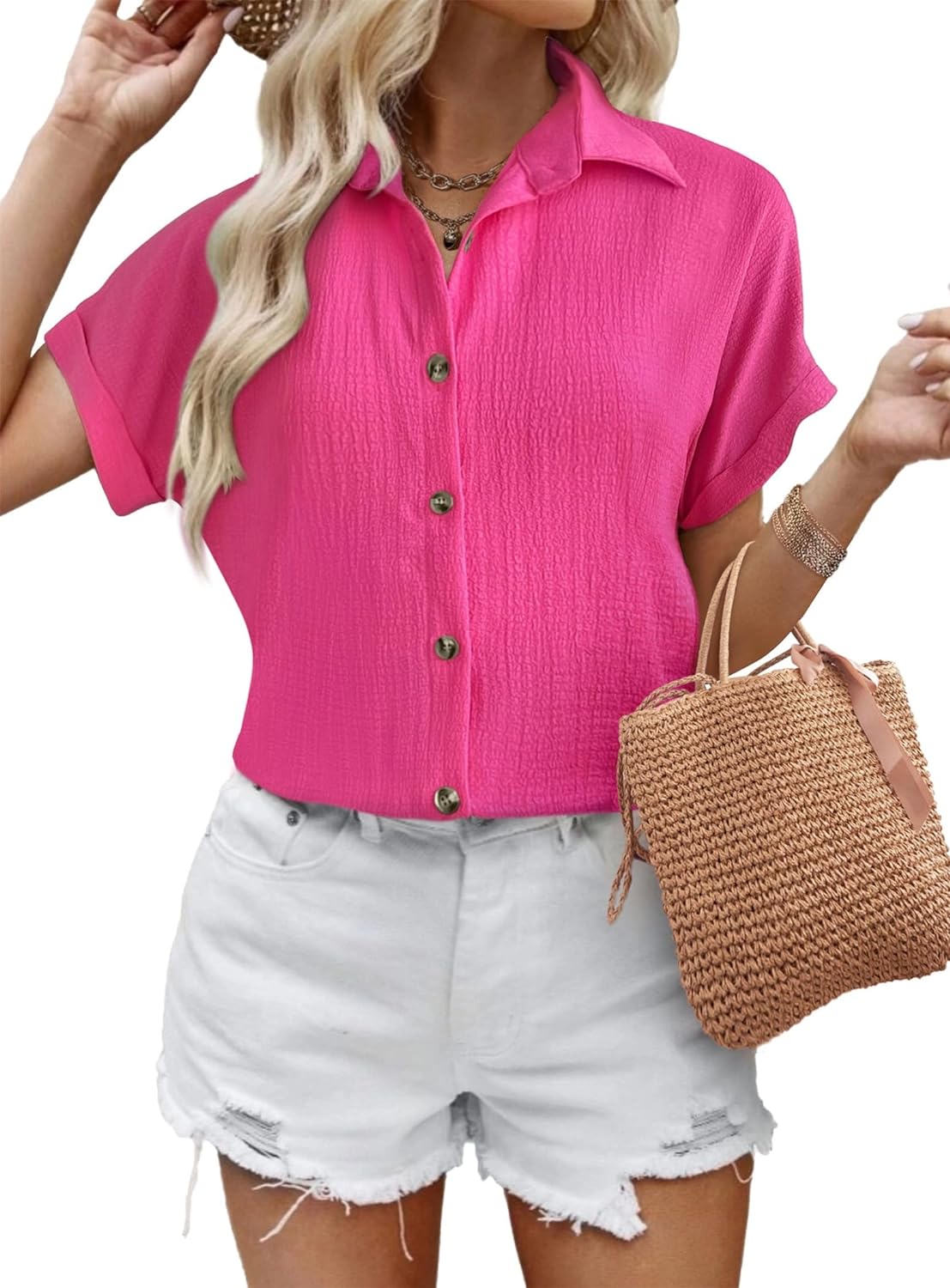 Zeagoo Short Sleeve Casual Roll-Up Cuffed Tops-tidenox