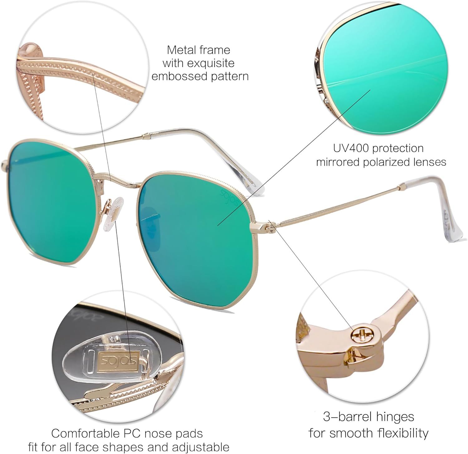 SOJOS Square Polarized Sunglasses for Women Men Small Hexagonal Polygon Shades SJ1072-tidenox
