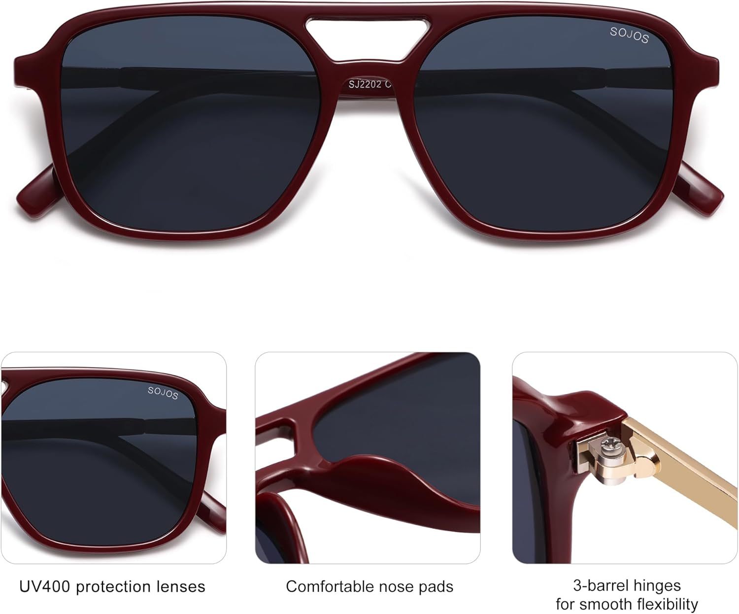 SOJOS Retro Aviator Sunglasses for Women Men,Trendy Rectangle Womens Mens Shades Sun Glasses SJ2202-tidenox