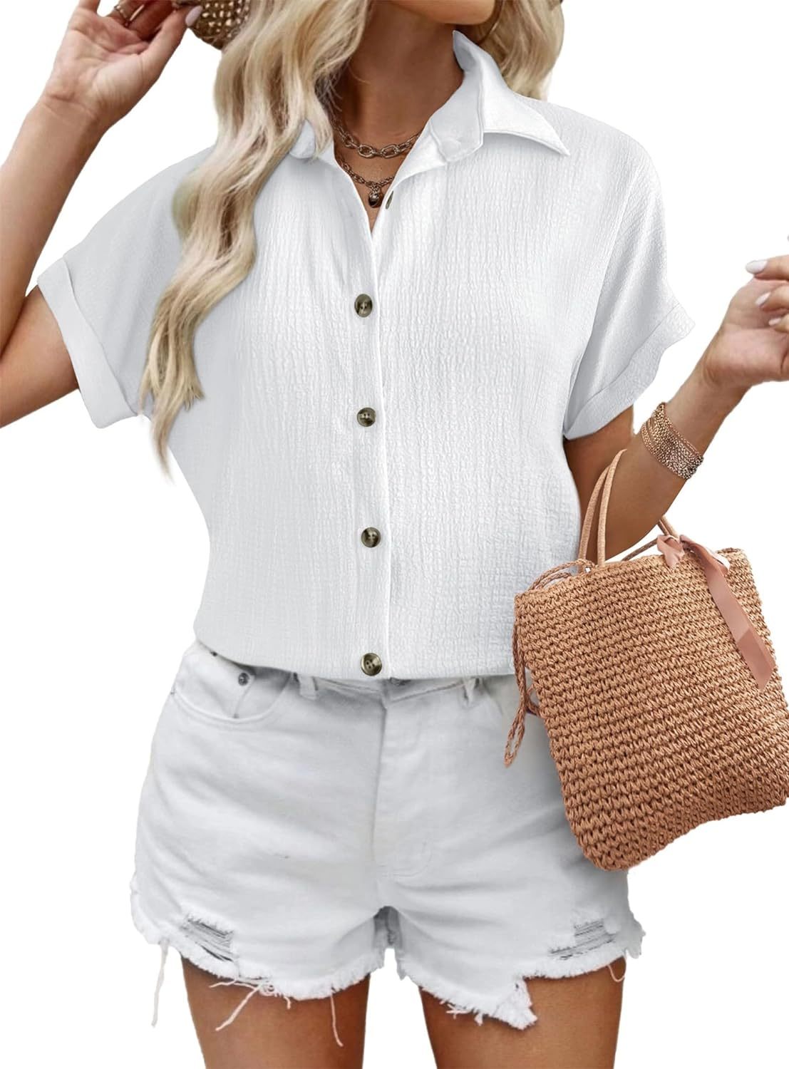 Zeagoo Short Sleeve Casual Roll-Up Cuffed Tops-tidenox