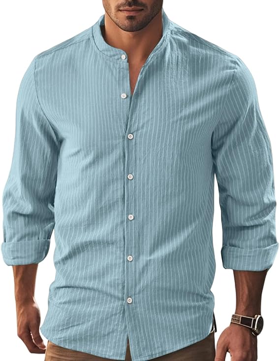 Linen Button Down Shirt Men,Long Sleeve Casual Banded Collar Striped Shirts -tidenox