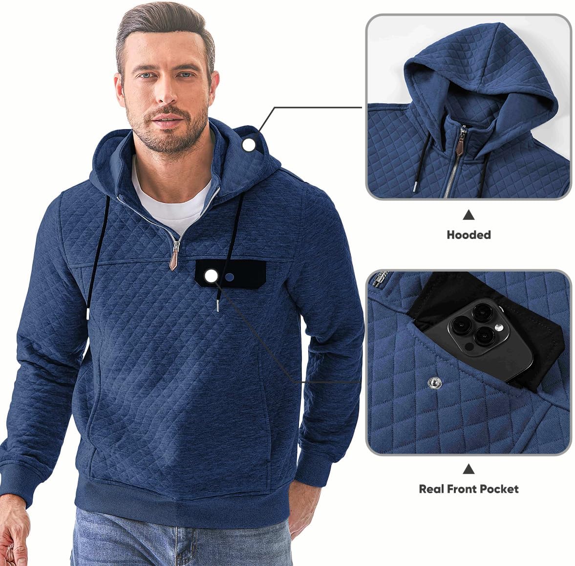 Men's Quilted Hoodies Casual Long Sleeve Quarter-Zip Pullover Sweatshirt with Pockets-tidenox