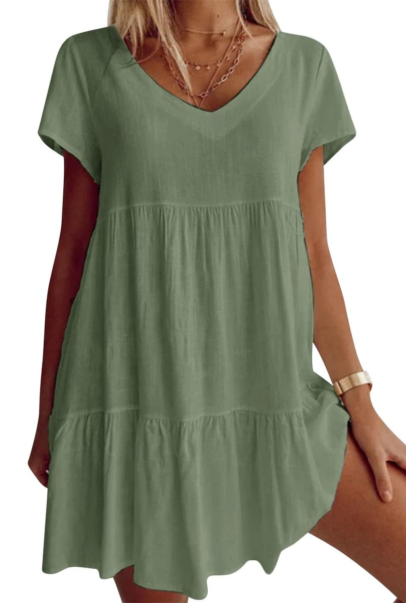 Plus Size Cotton-Blend V Neck Casual Short Sleeve Weaving Dress-tidenox