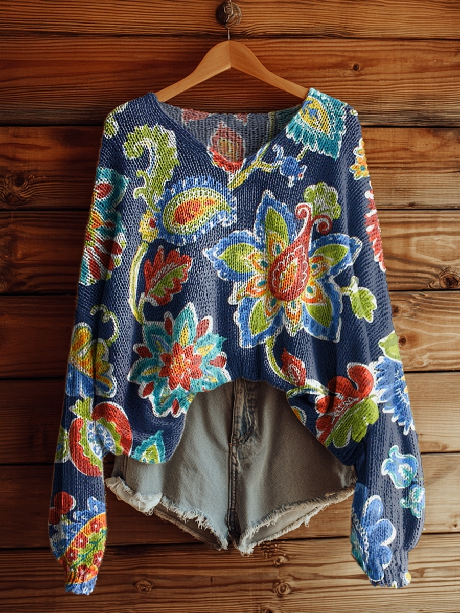Women's Folk Flowers Print Casual V Neck Pullover Sweater-tidenox