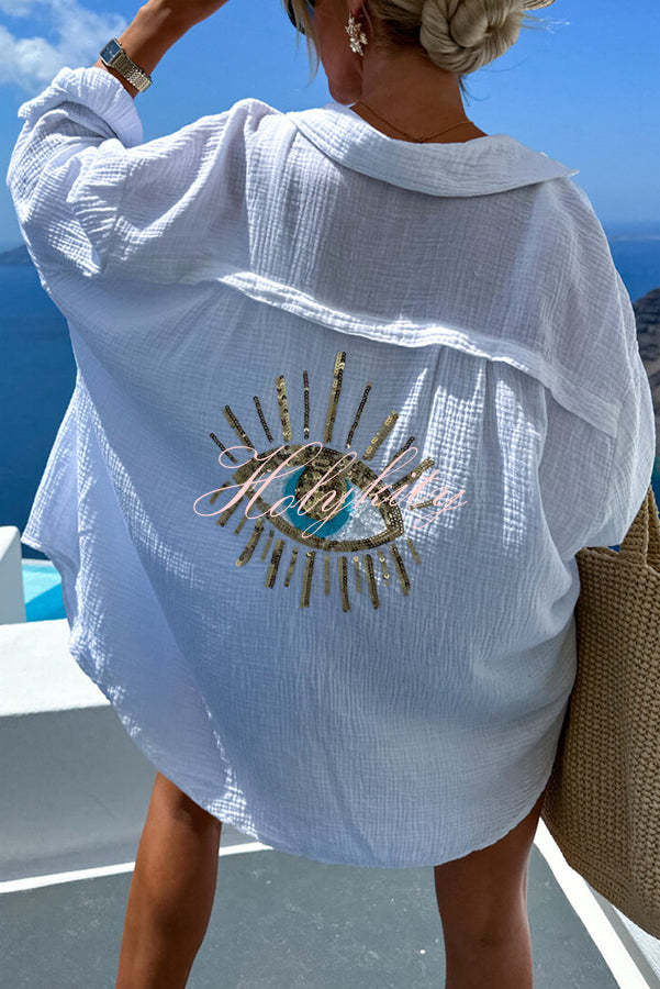 Summer Breeze Linen Blend Sequin Magic Eye Desig Oversized Relax Shirt-tidenox