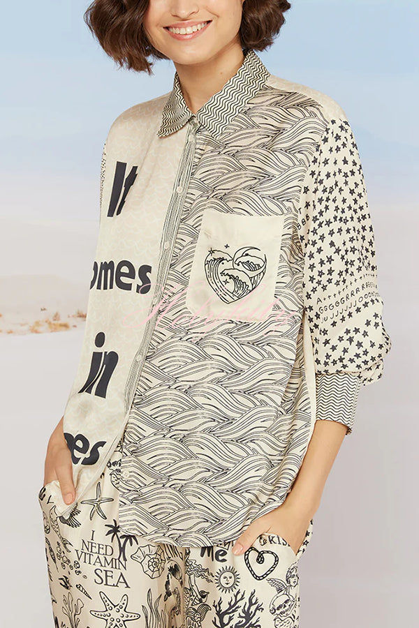 Take Me To The Ocean Satin Unique Print Long Sleeve Shirt and Elastic Waist Pocketed Pants Set-tidenox