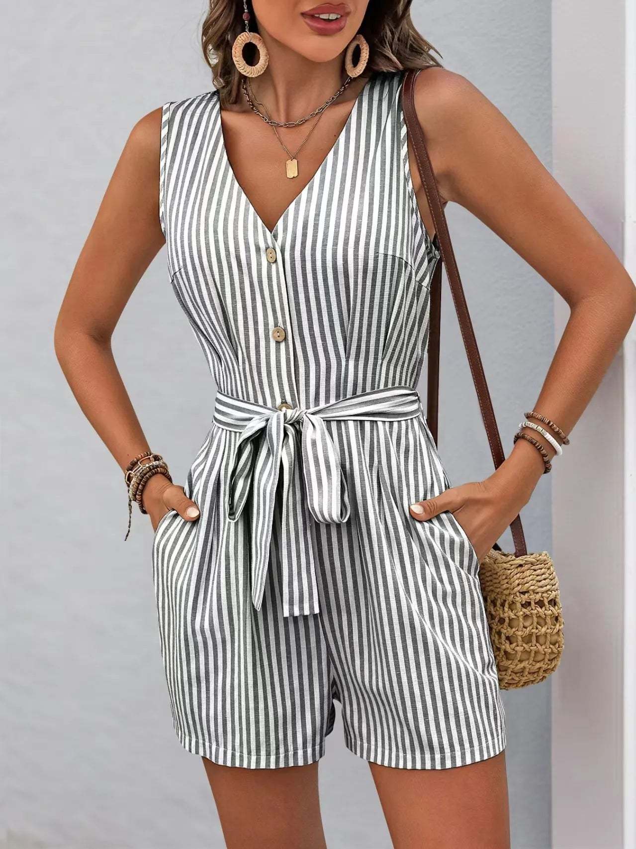 Striped V-neck Button Front Belted Romper-tidenox