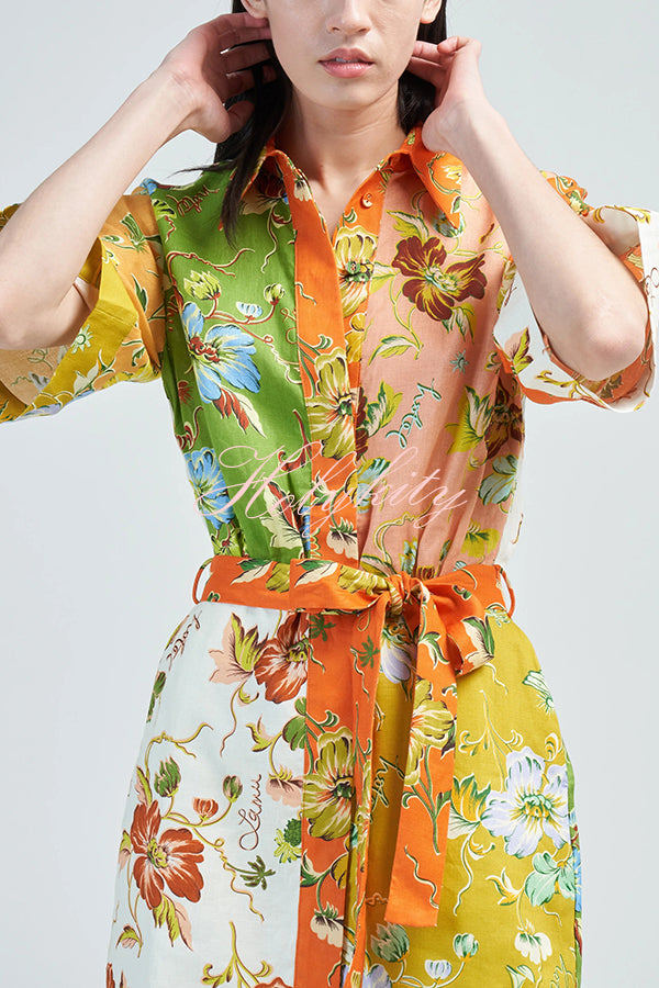 Kienna Linen Blend Unique Floral Print Tie-waist Mini Dress-tidenox