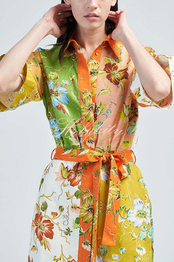 Kienna Linen Blend Unique Floral Print Tie-waist Mini Dress-tidenox