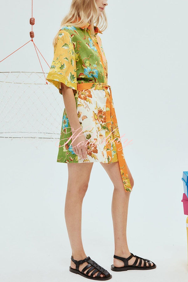 Kienna Linen Blend Unique Floral Print Tie-waist Mini Dress-tidenox