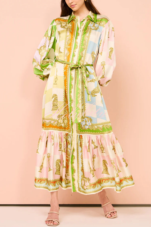 Garden Party Satin Unique Print Balloon Sleeve Belted Shirt Maxi Dress-tidenox
