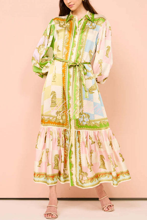 Garden Party Satin Unique Print Balloon Sleeve Belted Shirt Maxi Dress-tidenox