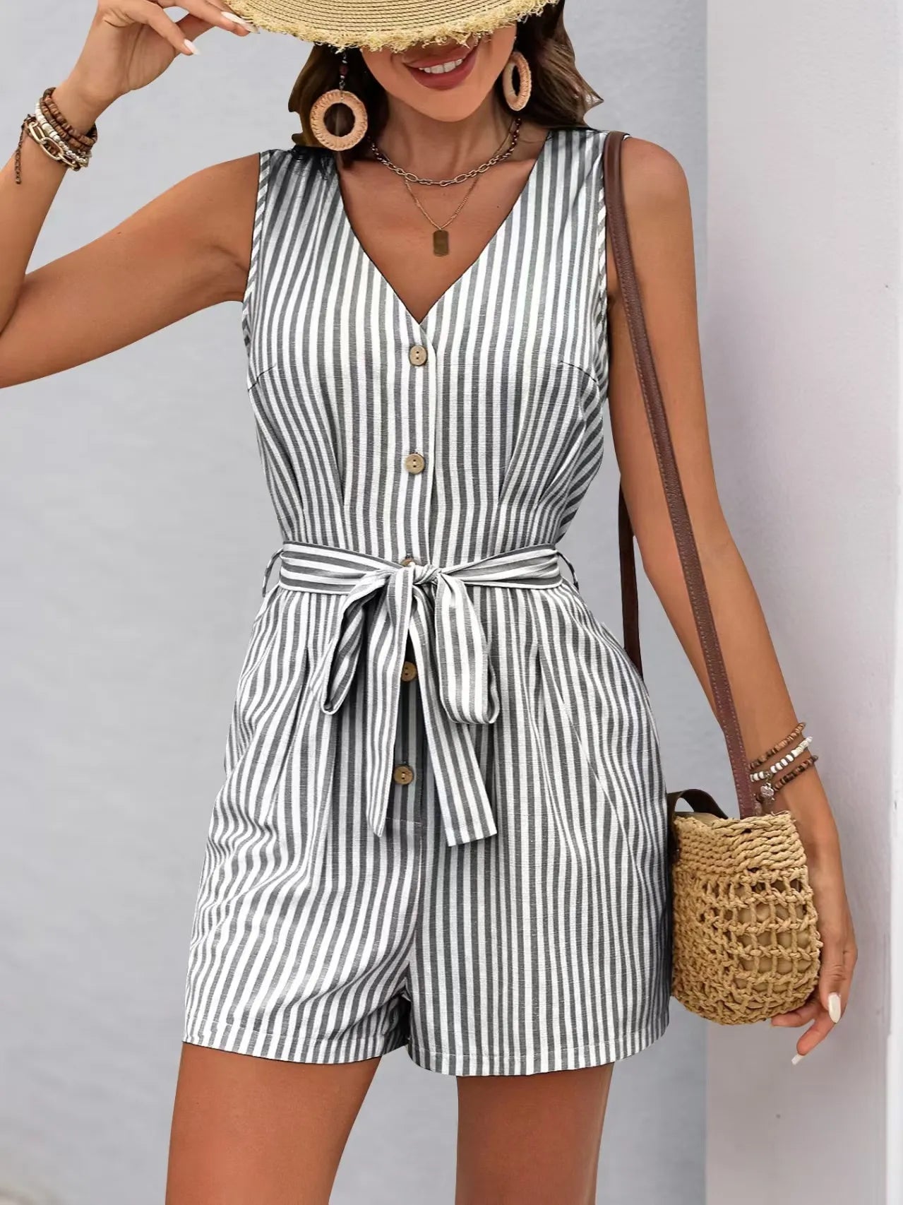 Striped V-neck Button Front Belted Romper-tidenox