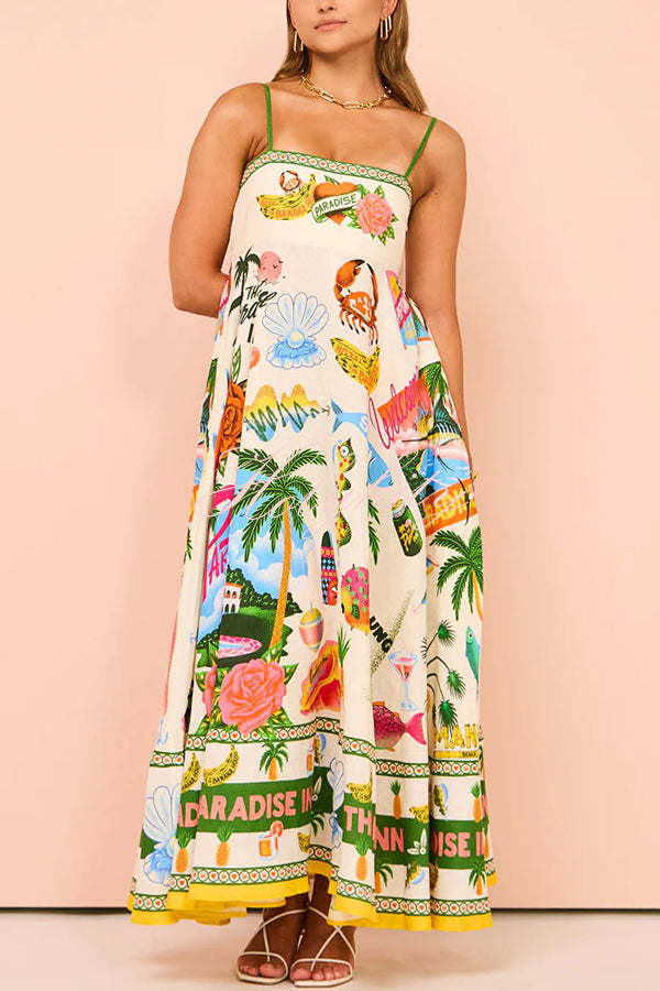 Holiday Paradise Linen Blend Unique Print Smocked Back Pocket Maxi Dress-tidenox
